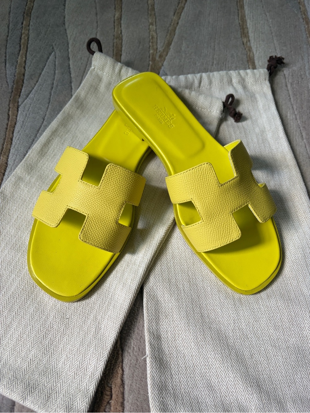 Hermes Yellow Leather H-Style Slide Sandals